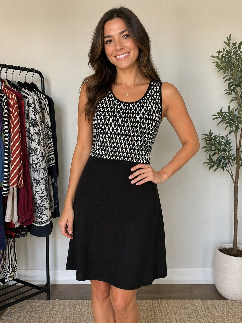 LOFT Black and White Sleeveless A-Line Midi Dress
